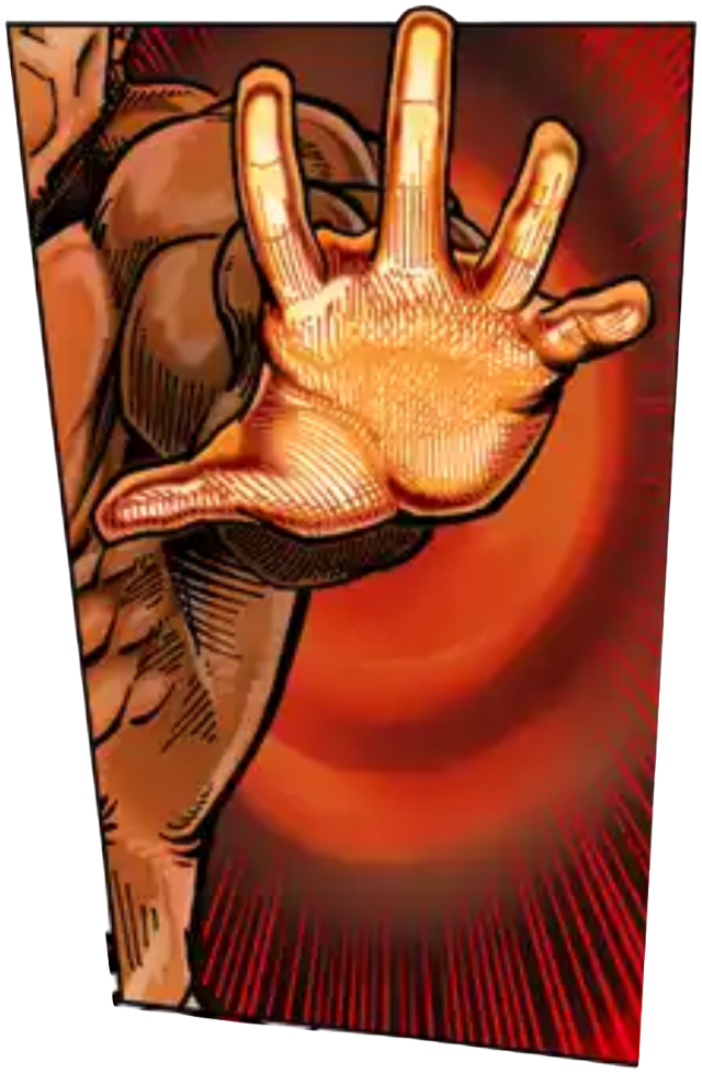 A hand reaching out of a manga panel, red speed lines behind it