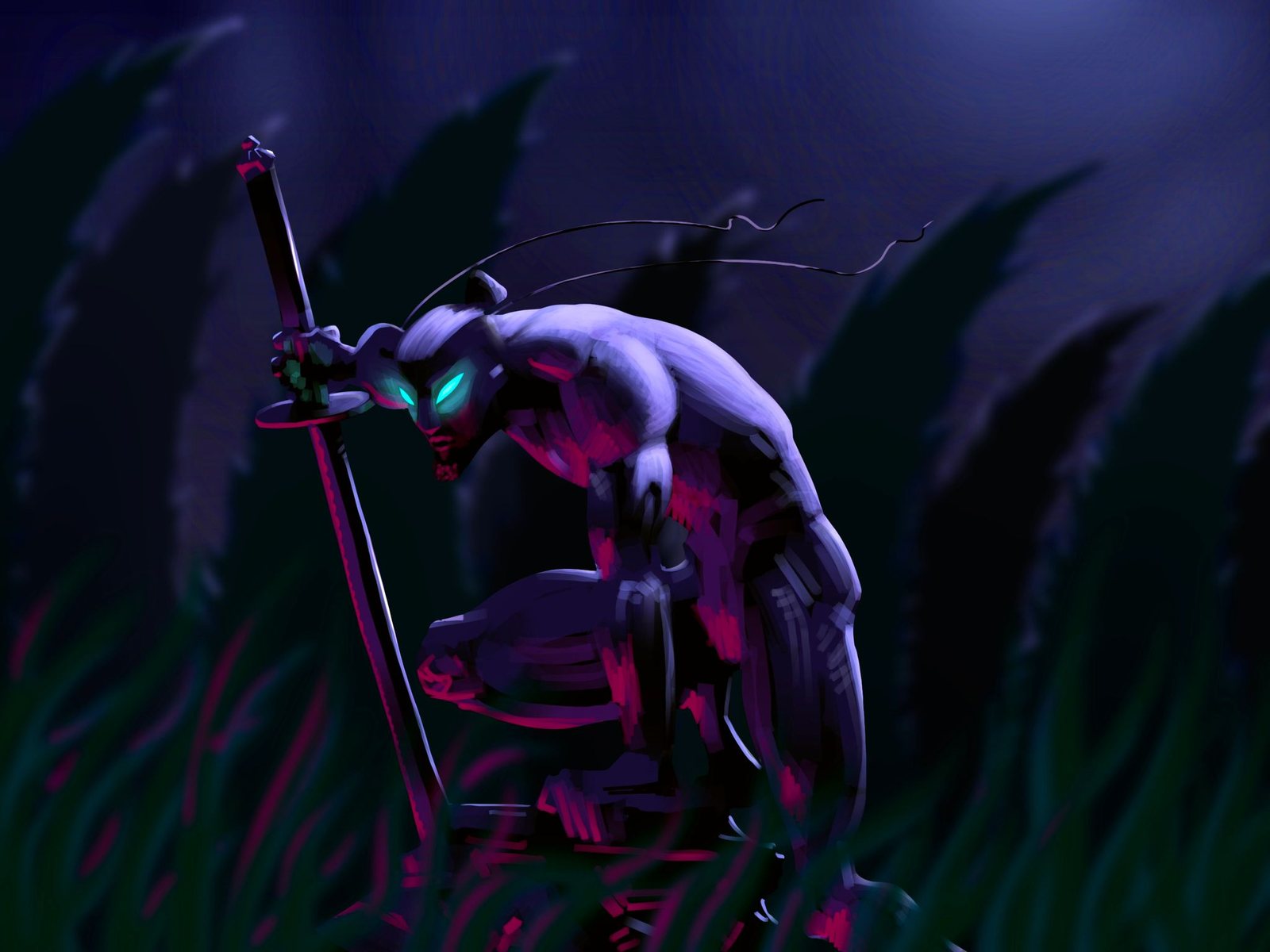 Viclyo crouched in tall grass at night, eyes glowing, hand on his katana
