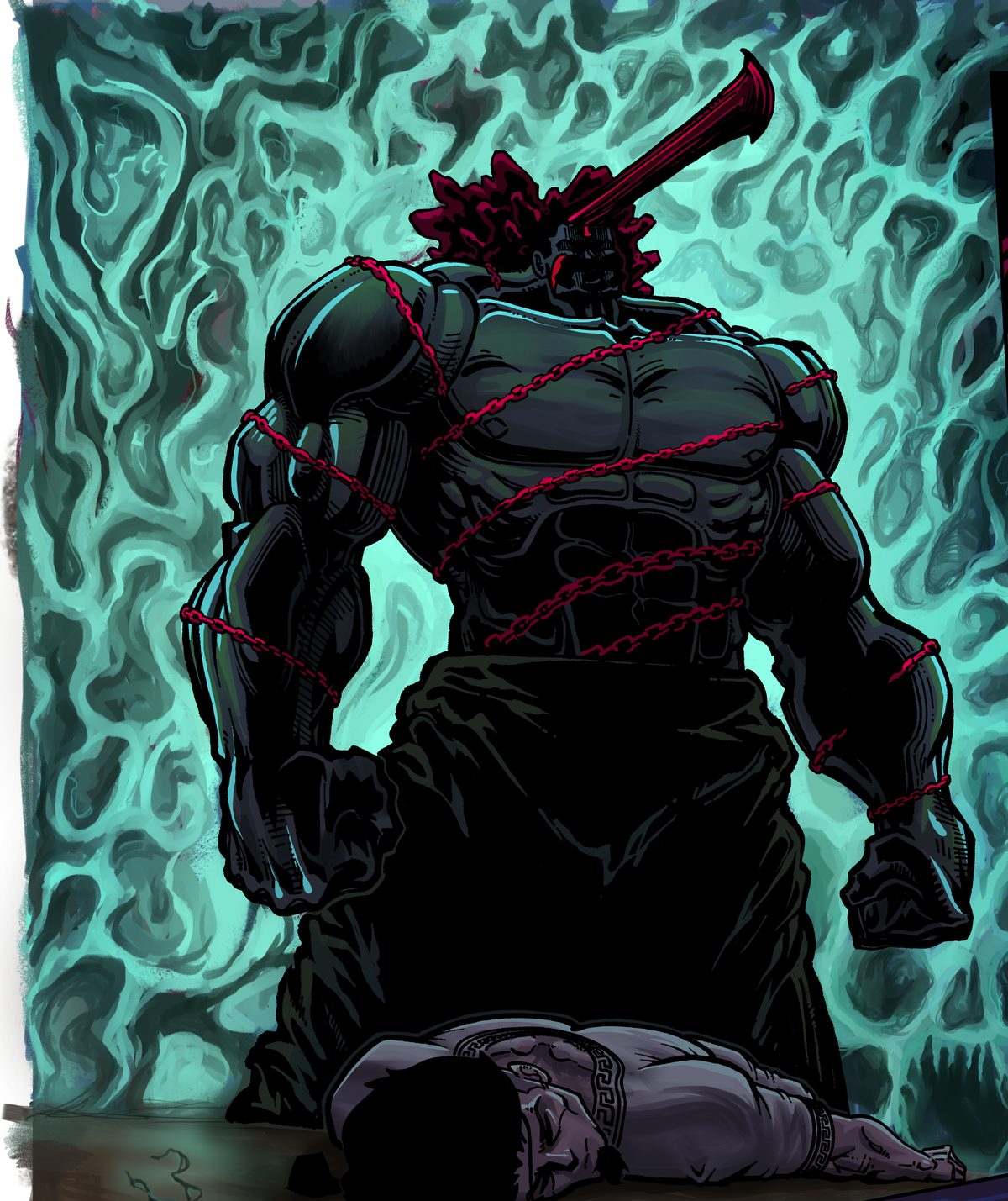 A hulking figure wrapped in red chains, surrounded by teal fire