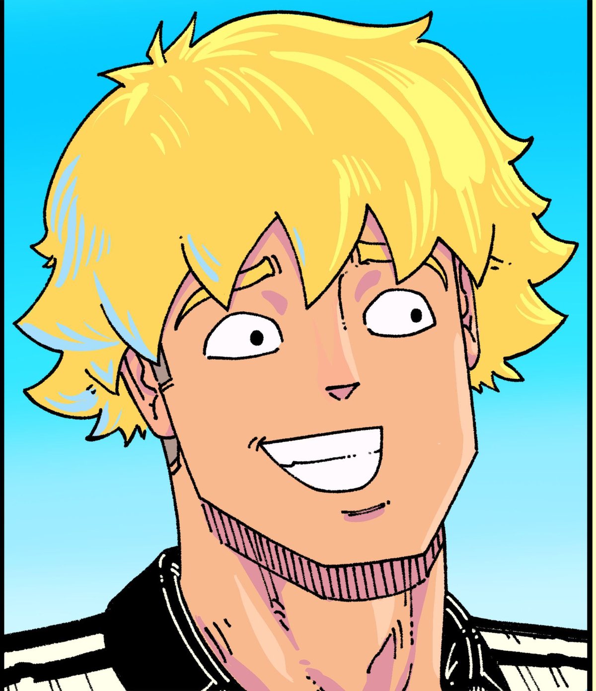 Yomada grinning, blonde hair against a blue sky